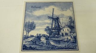 Vintage Dutch Hand Painted Delft Blauu Blue White Tile Windmill Holland