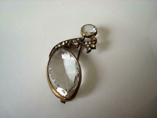 Vintage Art Deco Brass And Clear Glass Pin Brooch With Rhinestones As Found
