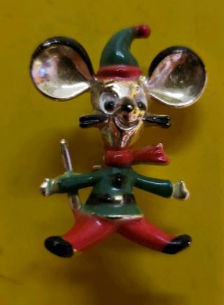 Vintage Christmas Mouse Brooch Pin 1950s Enamelware
