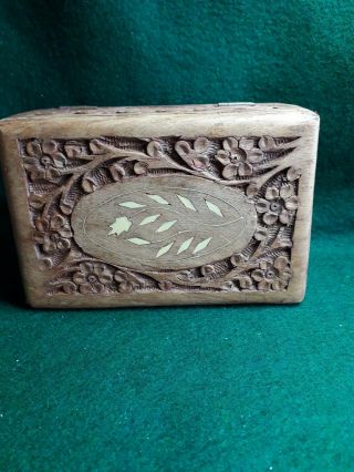 Old Vintage Carved Indian Wooden Jewellery Trinket Box Brass Inlay 15 By 10cm