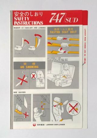 Safety Card Jal Japan Air Lines Boeing 747 Sud