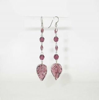 Vtg Gorgeous Ornate Amethyst Crystal & Glass Leaf Drop Earrings
