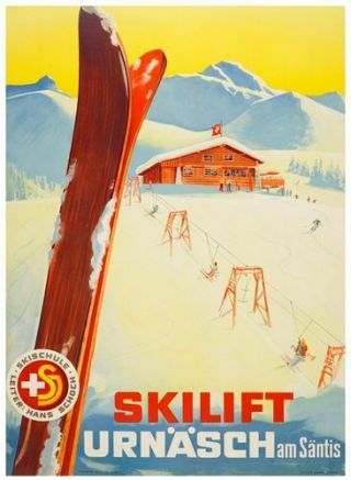 Vintage Urnasch Switzerland Ski Lift Winter Sports Tourism Poster Print A3/a4