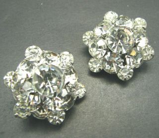 Vintage Silver Tone Clip - On Earrings Flashy Large Round Rhinestone Cluster