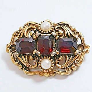 Retro Vintage Victorian Style Gold Tone Faux Ruby Crystal Pearl Brooch Steampunk