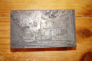 Vintage Printing Letterpress Printers Block Cut Colonial House With Signpost