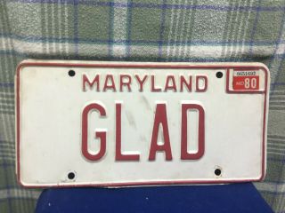 1975 Maryland Vanity License Plate Glad Stamped Steel