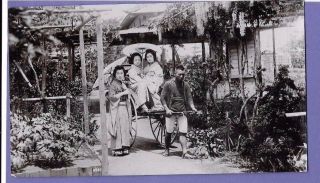 Geisha Girls On Rickshaw Japan Vintage Old Photo 15x9cm Dx