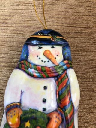 1996 Vintage Snowman See’s Candies Christmas/Holiday Ornament Tin 4 1/2” 2