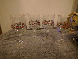 (4) Vintage Libbey Glass Christmas Wine Glasses Holly Berries Red Ribbon Goblets