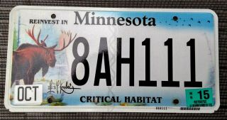 2015 Minnesota License Plate Tag 8ah111 Critical Habitat Moose