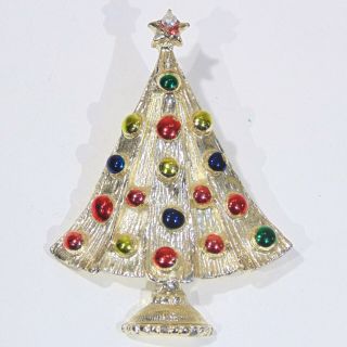 Vintage Christmas Tree Pin Brooch Light Gold Tone Multi Color Painted Ornaments