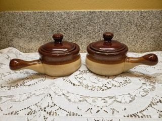Twi Vintage French Onion Soup Crock Bowls With Thick Handles Lids Stoneware