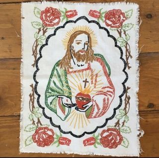 Vintage Handmade Embroidered Jesus Roses Heart Cross Thorns Stigmata