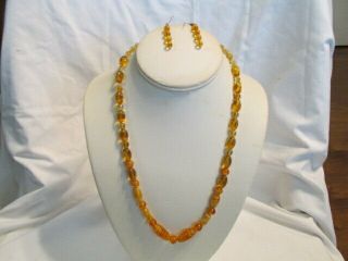 Vintage Amber Glass Bead Necklace W/ Pierced Dangle Earrings Striped Beads E78