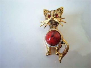 Vintage Painted Damascene Kitty Cat Pin Brooch Red Orange Glassjelly Belly Spain