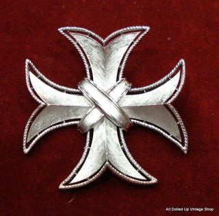 Vintage Crown Trifari Maltese Cross Brooch Pendant Brushed Silver Tone 2 "