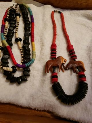 2 Vintage Wooden Carved Beaded African Chunky Necklaces),  Hand Carved