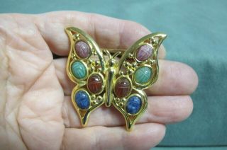 Vtg Signed " W " Gold Tone W/ Carved Stone Scarabs Butterfly Brooch Pin
