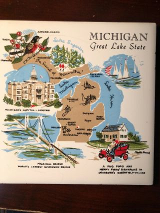 Michigan Vintage Screencraft 6  X 6  Ceramic Tile Trivet Art