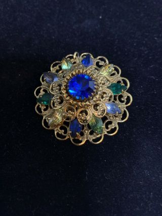 Vintage Gold Tone Blue,  Green And Yellow Rhinestone Flower Brooch