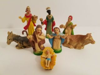 9 Vintage Plastic Nativity Figures Mary Joseph Jesus Manger Wise Men Animals