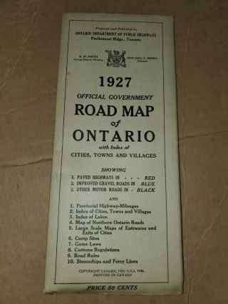 1927 Official Government Road Map Of Ontario Canada