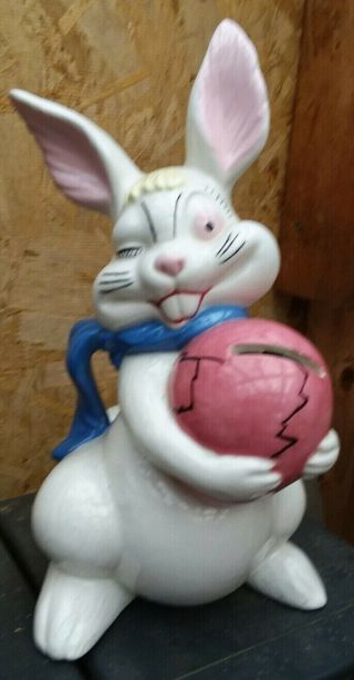 Vintage Atlantic Mold Hand Painted Ceramic Easter Bunny Egg Winking Rabbit Bank