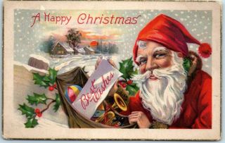 Vintage " A Happy Christmas " Postcard Santa Claus W/ Bag Of Toys Stecher 1555a