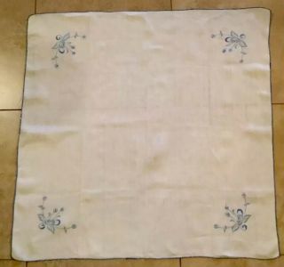 Vintage Small Tablecloth,  Linen,  Flower Embroidery,  Off White,  Blue