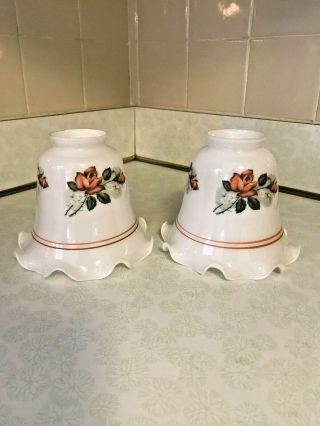 2 Vintage Glass Ceiling Fan Lamp Light Shades Ruffled Pink Mauve Roses Tulip