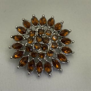Retro Vintage Style Silver Tone Sunburst Sun Flower Brooch Amber Colour Stones