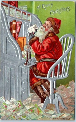 Vintage 1909 Christmas Embossed Postcard Santa Claus At Desk,  Buried In Letters