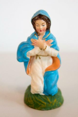 Vintage Nativity 4 " Virgin Mary Plaster Paper Mache Figurine Stamped Italy