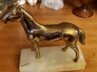 Vintage Metal Gold Brass Horse Statue On Marble Pretty