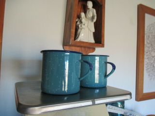 Vintage Blue Spotted White Enamelware Enamel Coffee Cup Mug Pair 3 1/4 " Tall