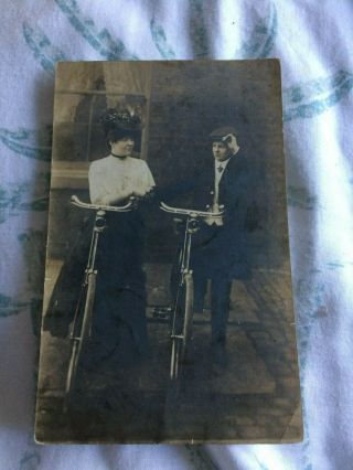Vintage Photo Bicycles Bike Cycles Victorian Edwardian Lady In Long Dress Man Ca