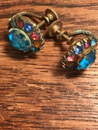 Vintage Coro Earrings Screw - On Multi - Colored Rhinestones Blue Pink Gold