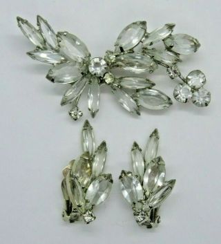 Vtg Juliana Style Open Back Clear Glass Rhinestone Brooch & Clip Earrings Set