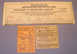 3 Old Bus Tickets.  2 Greyhound,  1 Santa Fe Trailways.  1943,  1946.