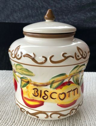 Biscotti Cookie Jar Hand Painted For Nonnis Fruit Design W/lid Ceramic Vintage
