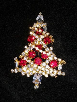 Vintage Red And White Crystal Rhinestone Christmas Tree Brooch