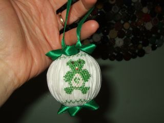 Vintage White Handmade Smocked Ball Christmas Ornament Frog Green Ribbon Sweet