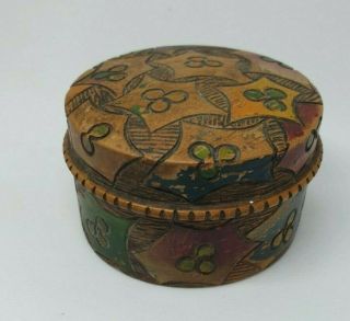Vintage Treen Trinket Box.  Round Colour Decorated Lidded Wooden Box.  Bargain