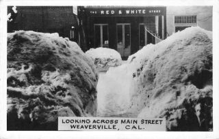 Rppc Red & White Store Weaverville,  Ca Main Street Snow 1936 Vintage Postcard