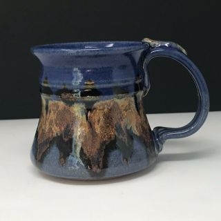 Vintage Hand Crafted Glazed Pottery Coffee Tea Mug Cup Brown Blue Rust Colors