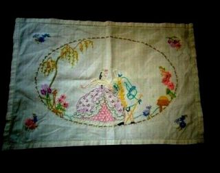 Pretty Vintage Embroidered Tray Cloth Crinoline Lady And Gentleman In Garden