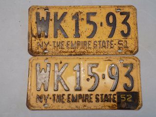 1951 York License Plates W/ 1952 Tab Wk 15 - 93 Dmv Clear For Yom Reg
