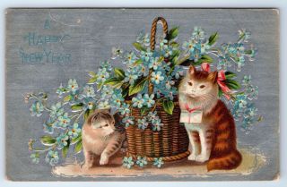 Vintage Postcard Happy Year Cats By Flower Basket 1910 Silver