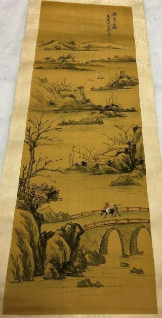Vintage Japanese Scroll Painting On Silk,  Signed,  Landscape,  Travelers